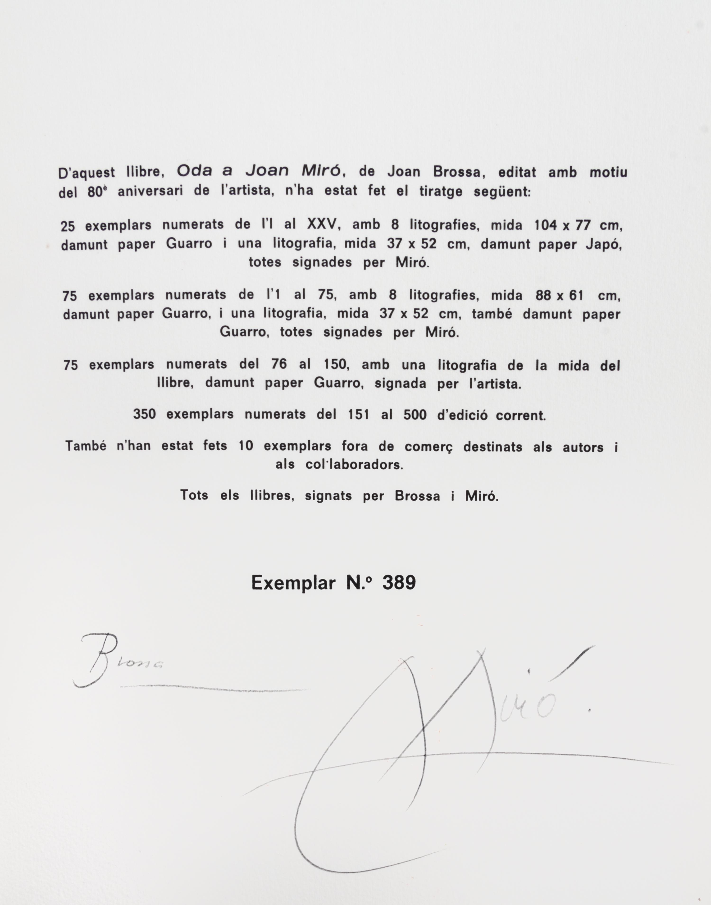(MIRO, JOAN) BROSSA, JOAN. Oda a Joan Miro. Barcelona, 1973. Signed, limited.