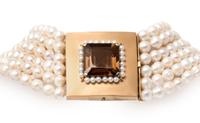 A Yellow Gold, Smoky Quartz and Cultured Pearl Necklace, 253.70 dwts.