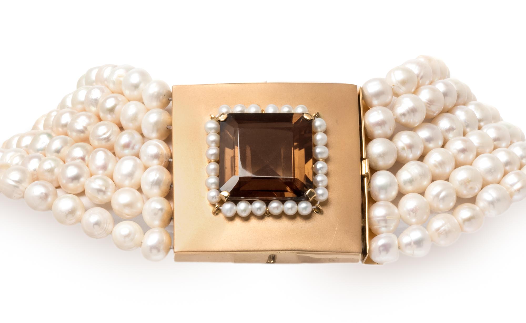 A Yellow Gold, Smoky Quartz and Cultured Pearl Necklace, 253.70 dwts.