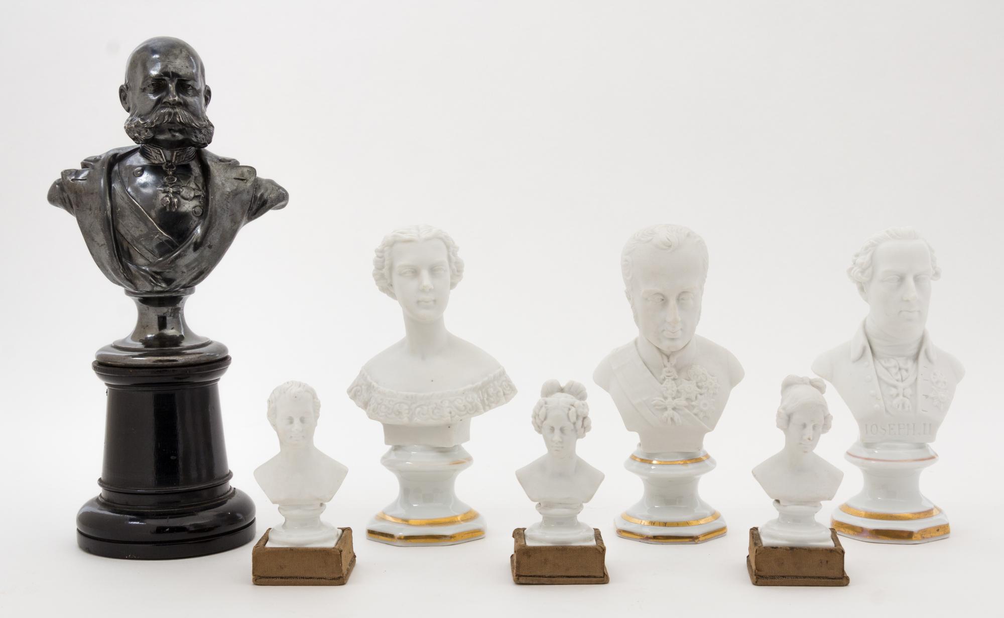A Collection of Seven Continental Miniature Busts Height of tallest 8 3/4 inches. — 19TH CENTURY
