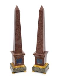 A Pair of Grand Tour Style Gilt Bronze Mounted Tri-Color Granite and Lapis Lazuli Obelisks
