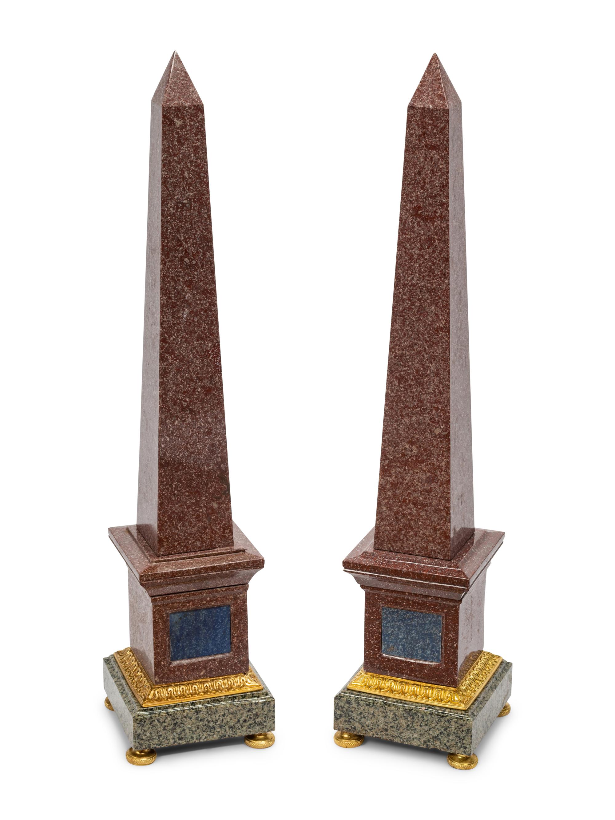 A Pair of Grand Tour Style Gilt Bronze Mounted Tri-Color Granite and Lapis Lazuli Obelisks