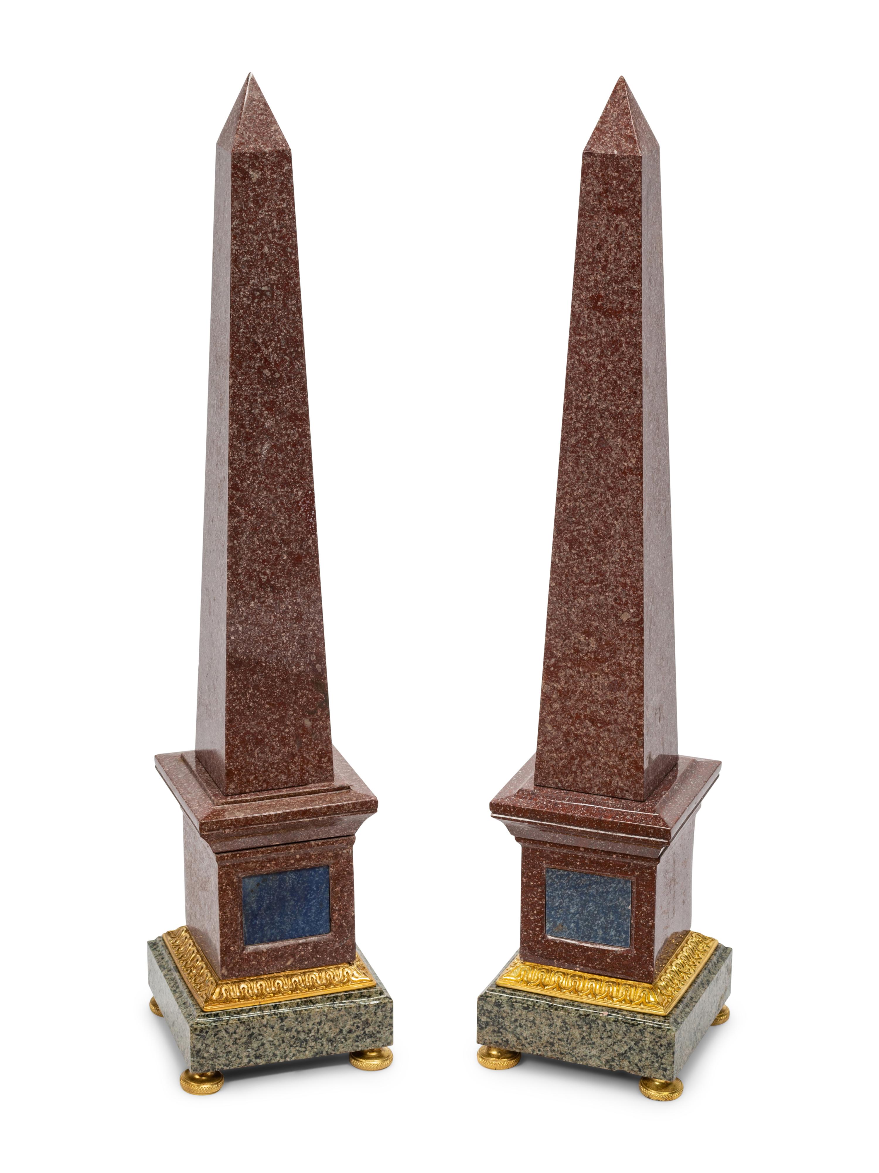 A Pair of Grand Tour Style Gilt Bronze Mounted Tri-Color Granite and Lapis Lazuli Obelisks