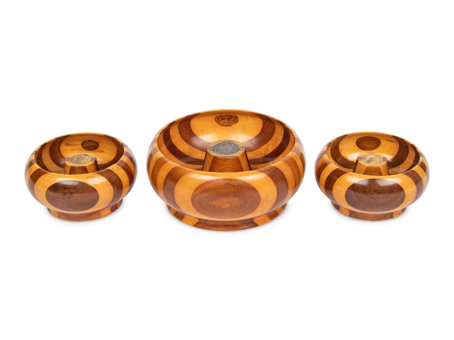 Three Tuned Wood Bowls with Inlaid Coins