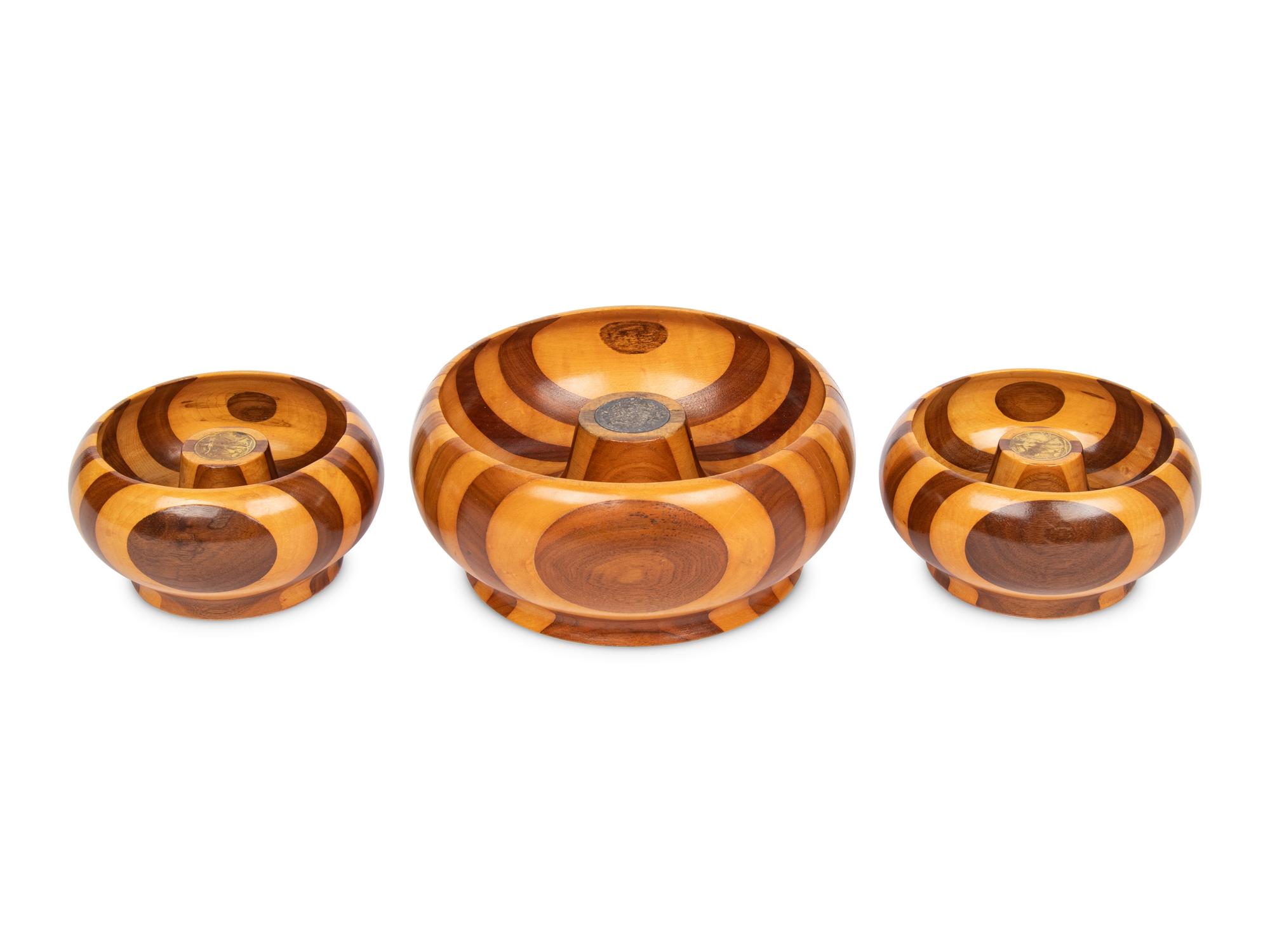 Three Tuned Wood Bowls with Inlaid Coins