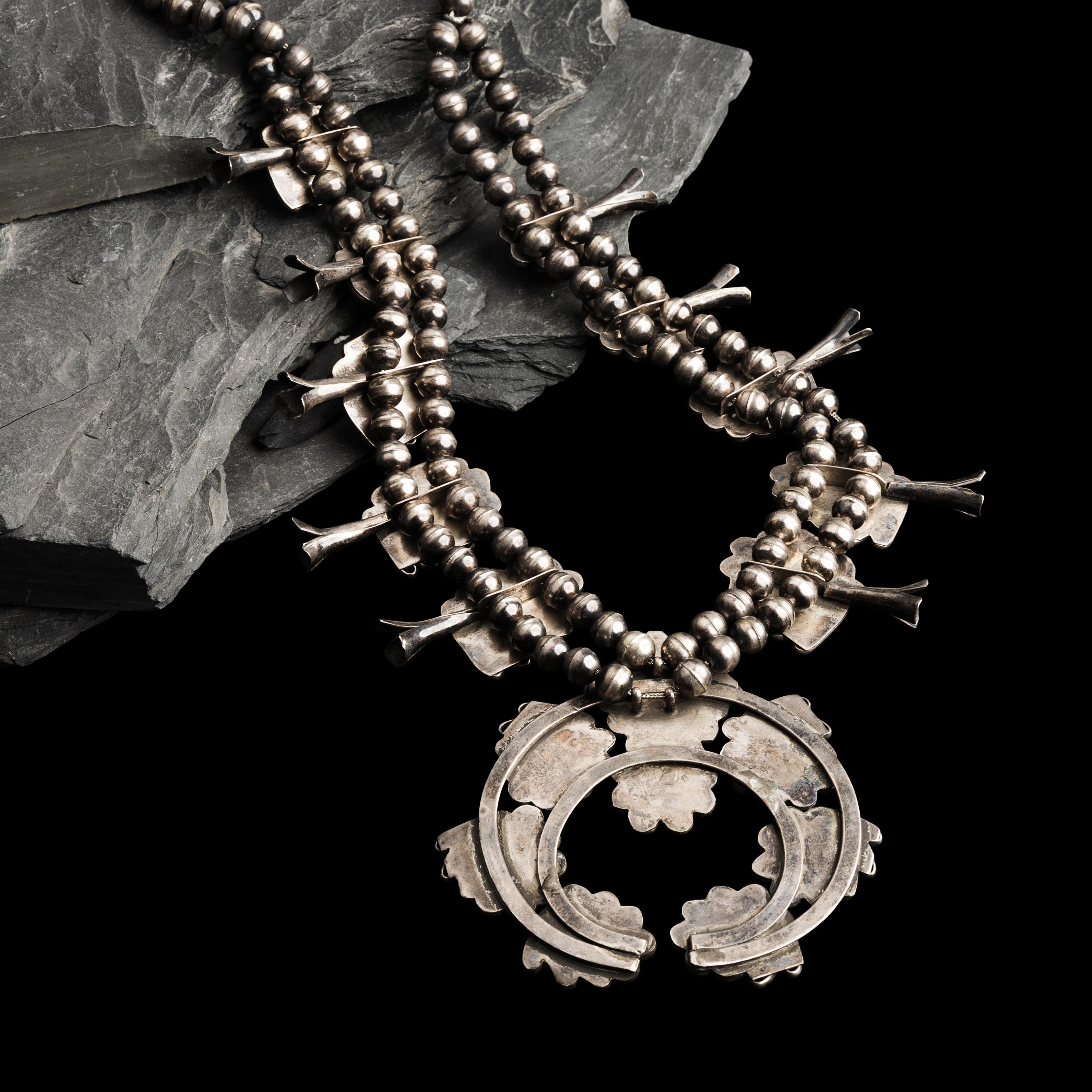 Navajo Silver and Turquoise Squash Blossom Necklace