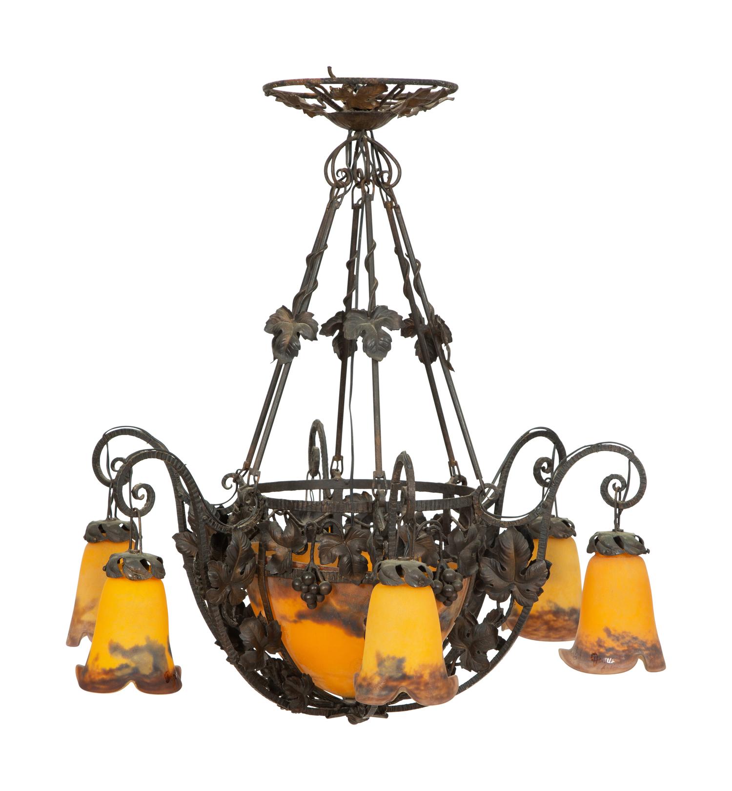 An Art Deco Wrought Iron and Glass Chandelier by Degue