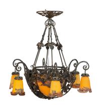 An Art Deco Wrought Iron and Glass Chandelier by Degue