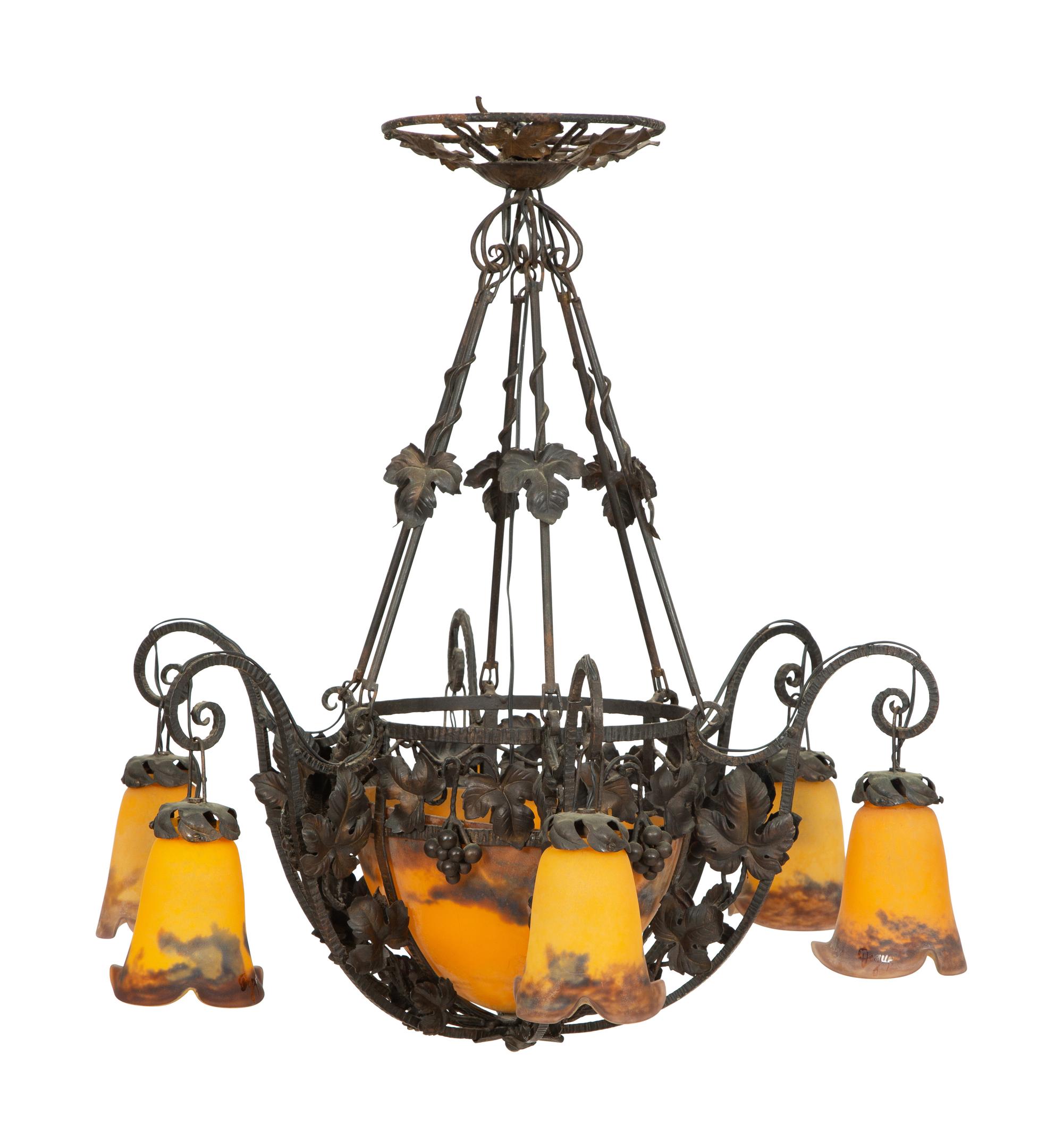 An Art Deco Wrought Iron and Glass Chandelier by Degue