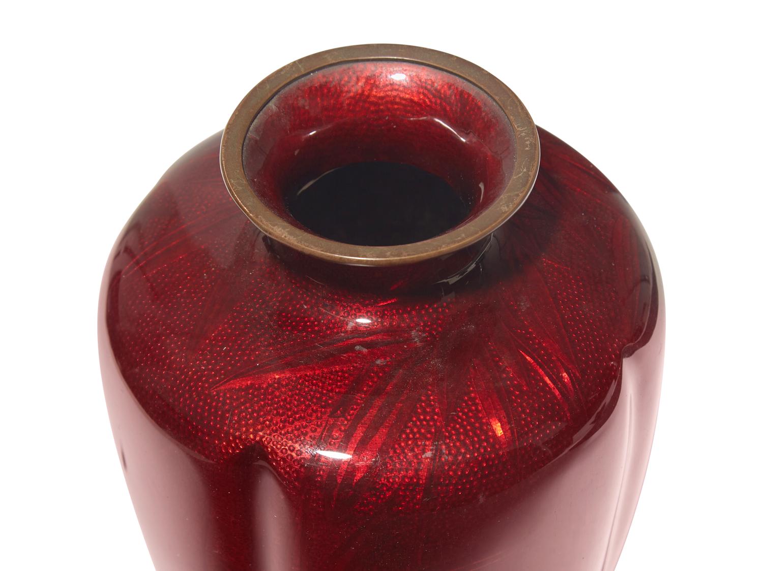 Two Japanese Pigeon Blood Ground Cloisonne Vases
