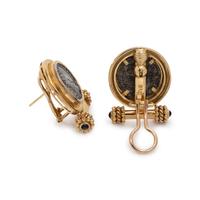 ELIZABETH LOCKE, YELLOW GOLD, ANCIENT COIN AND SAPPHIRE EARCLIPS