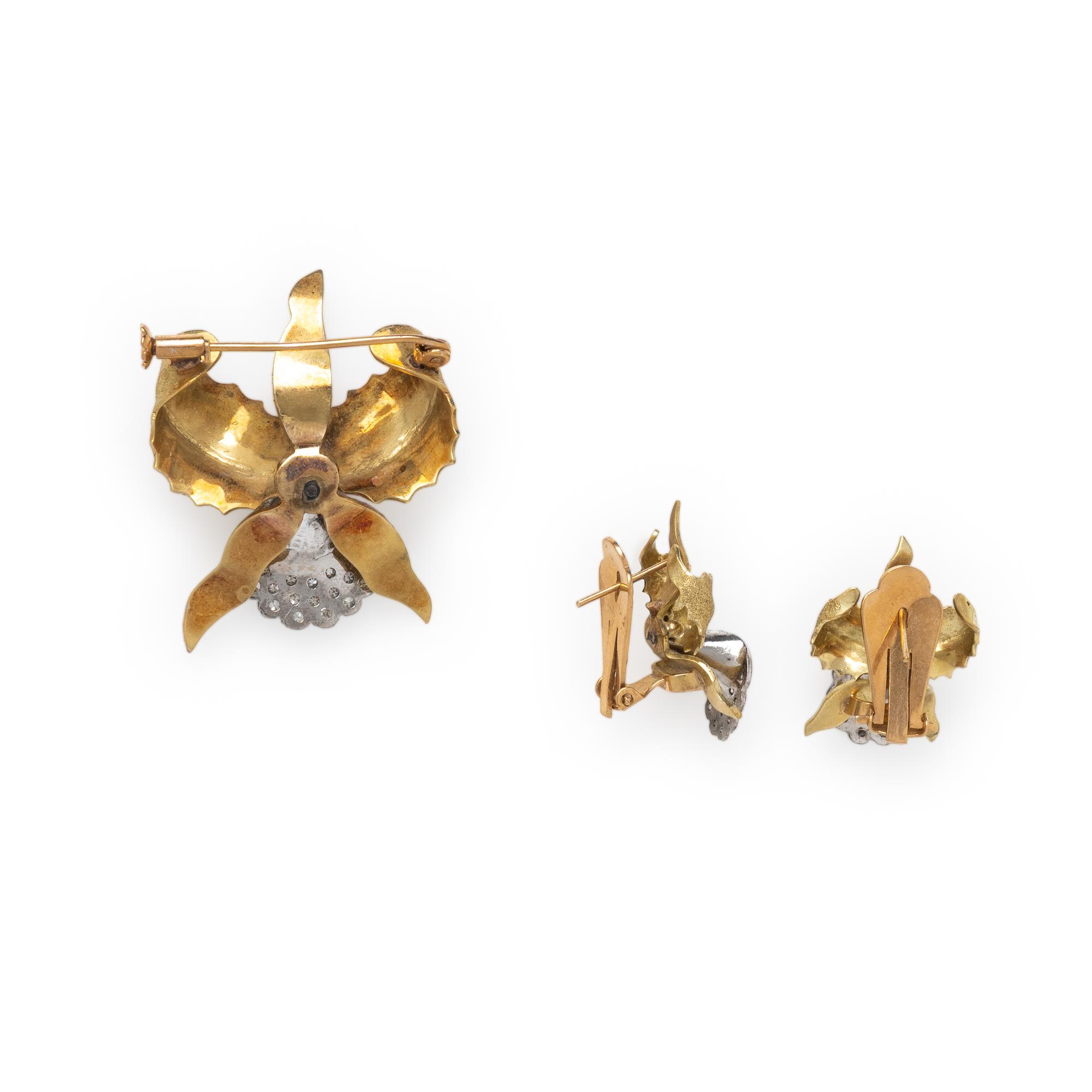 BICOLOR GOLD AND DIAMOND ORCHID BROOCH AND EARRINGS SET