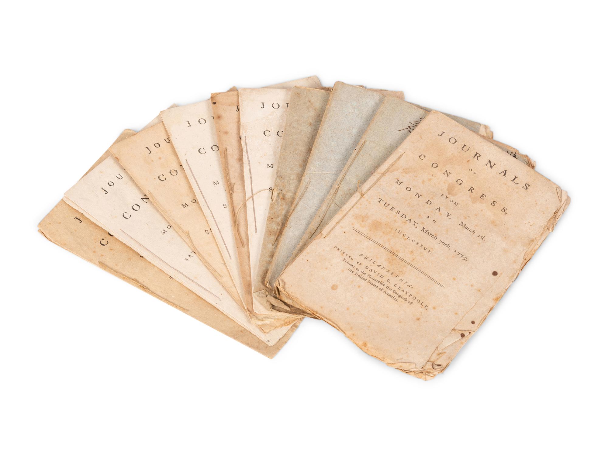 [UNITED STATES CONTINENTAL CONGRESS]. [Set of Ten Weekly Issues of the Journals of Congress for the Year 1779]. Philadelphia: David C. Claypoole, 1779.