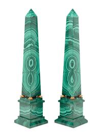 A Pair of Italian Gilt Bronze Mounted and Malachite Veneered Obelisks