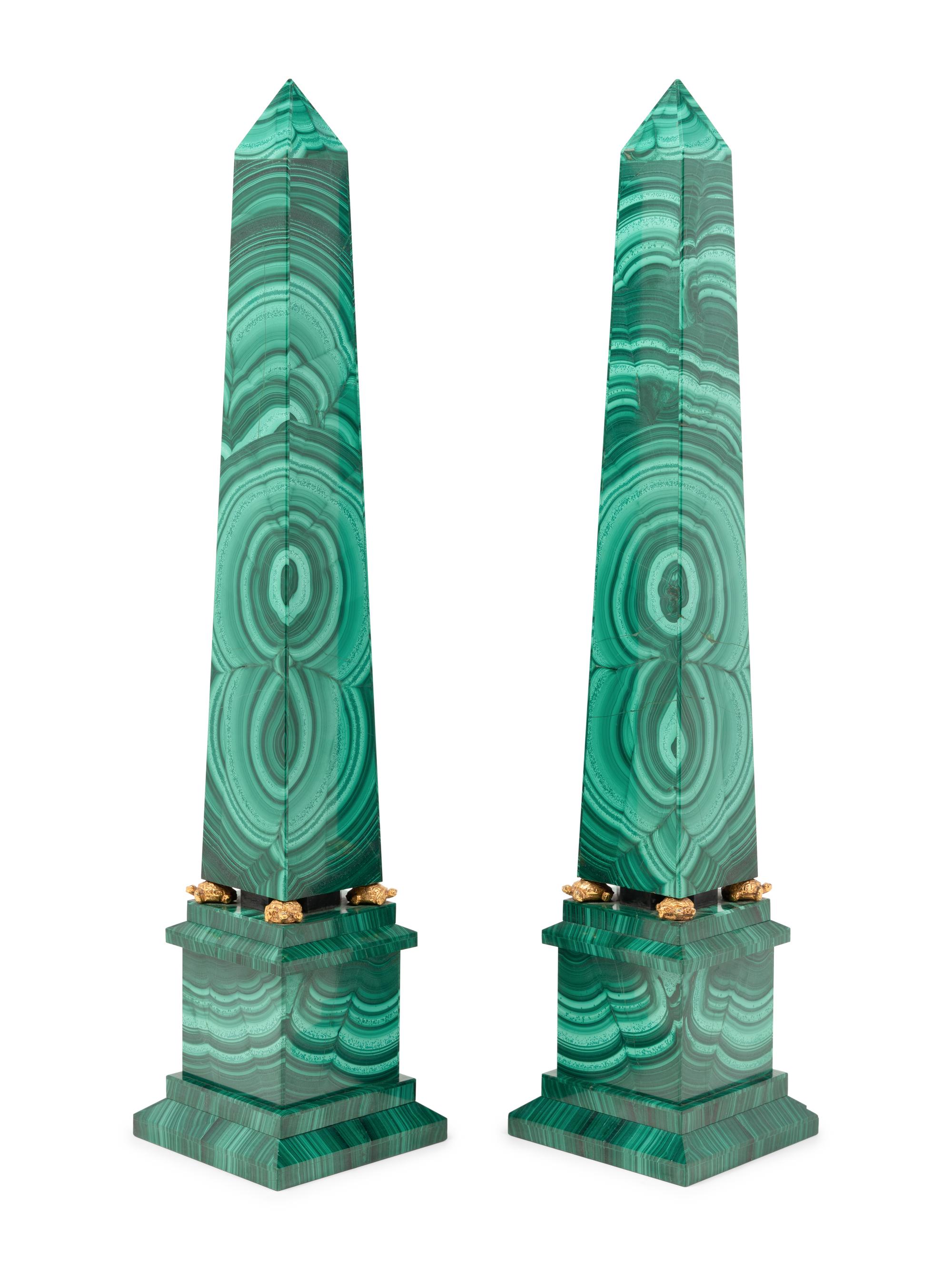 A Pair of Italian Gilt Bronze Mounted and Malachite Veneered Obelisks