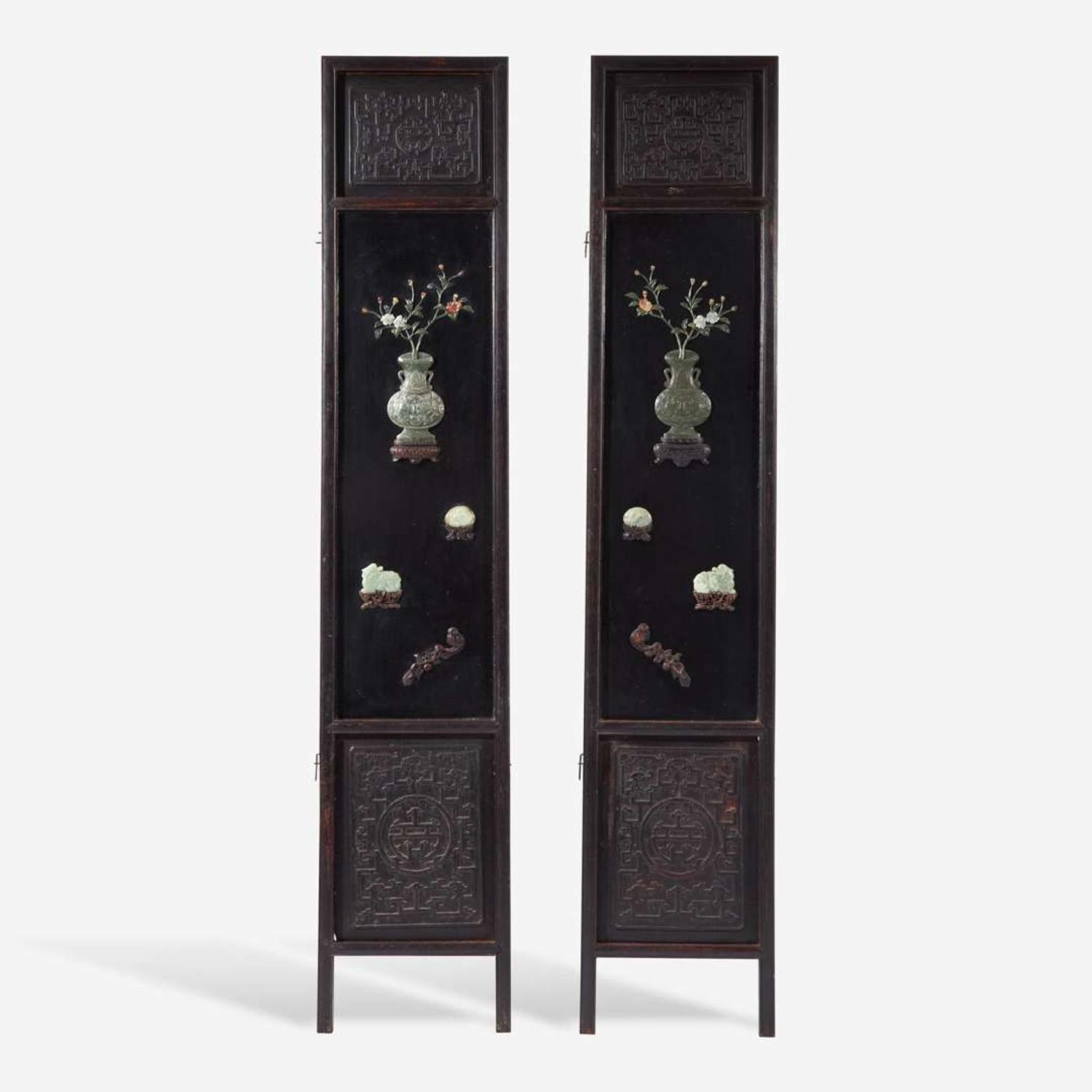 A pair of Chinese jade and hardstone embellished wood panels