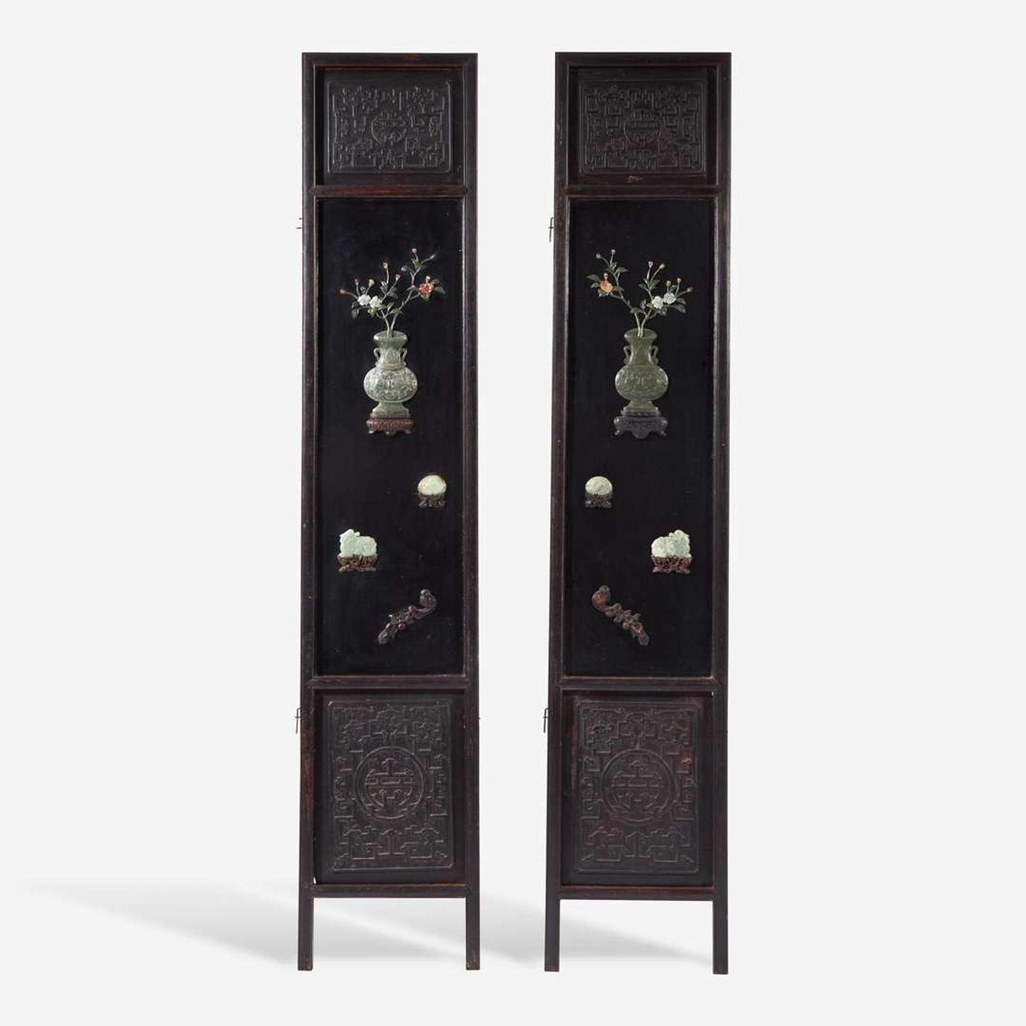 A pair of Chinese jade and hardstone embellished wood panels