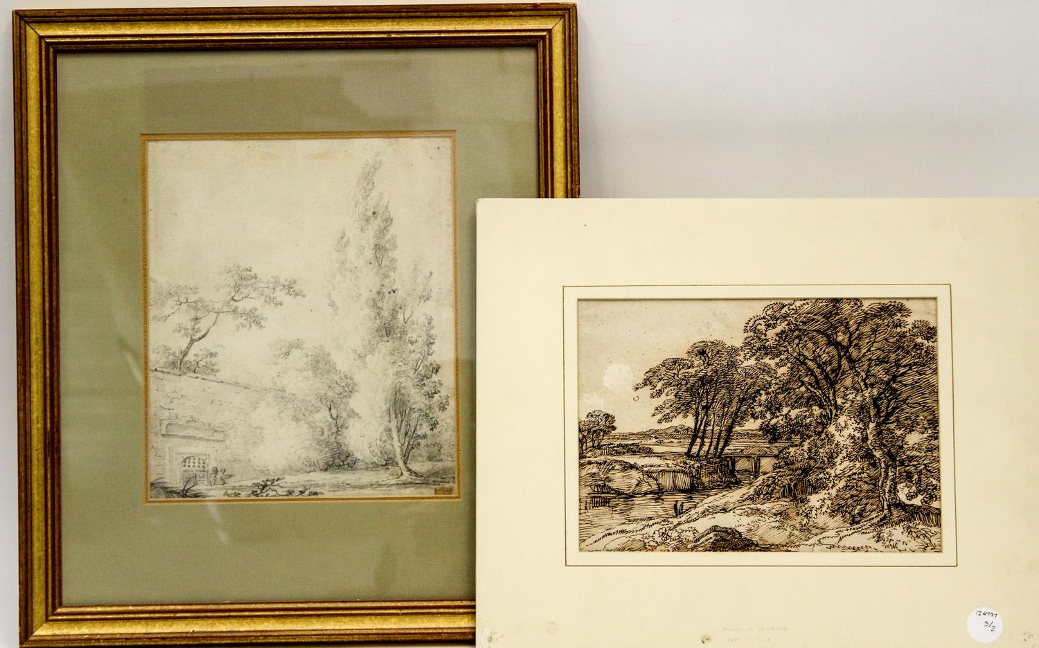 An 18th century pencil drawing attributed to the School of Fragonard depicting a landscape Sight: 10 1/4 x 8 3/4 inches.