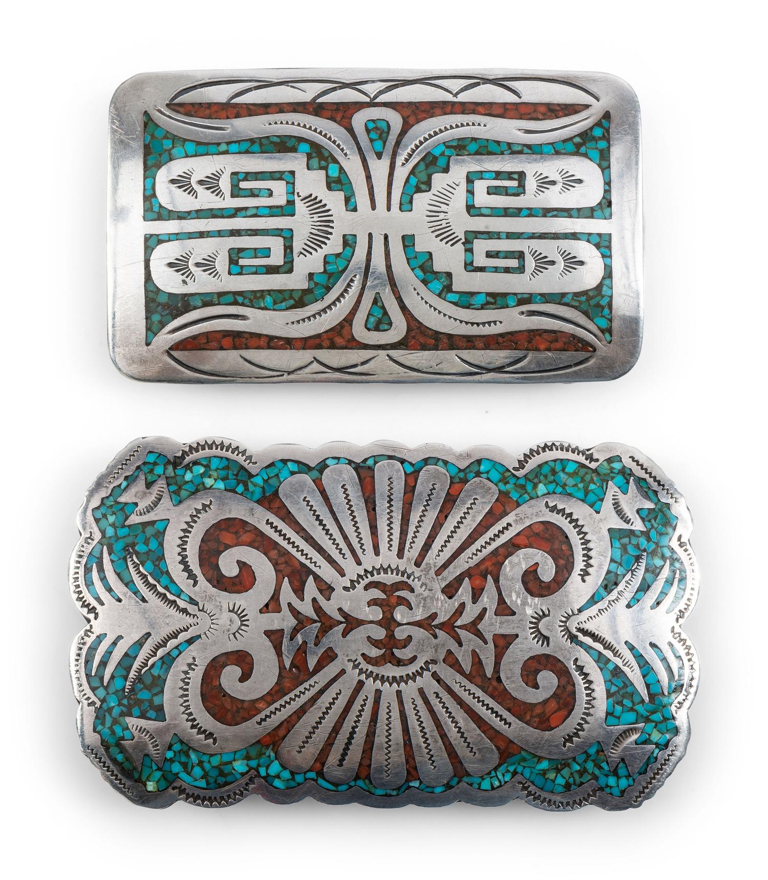 Navajo Silver Belt Buckles, with Coral and Turquoise Chip Inlay Designs