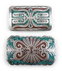 Navajo Silver Belt Buckles, with Coral and Turquoise Chip Inlay Designs