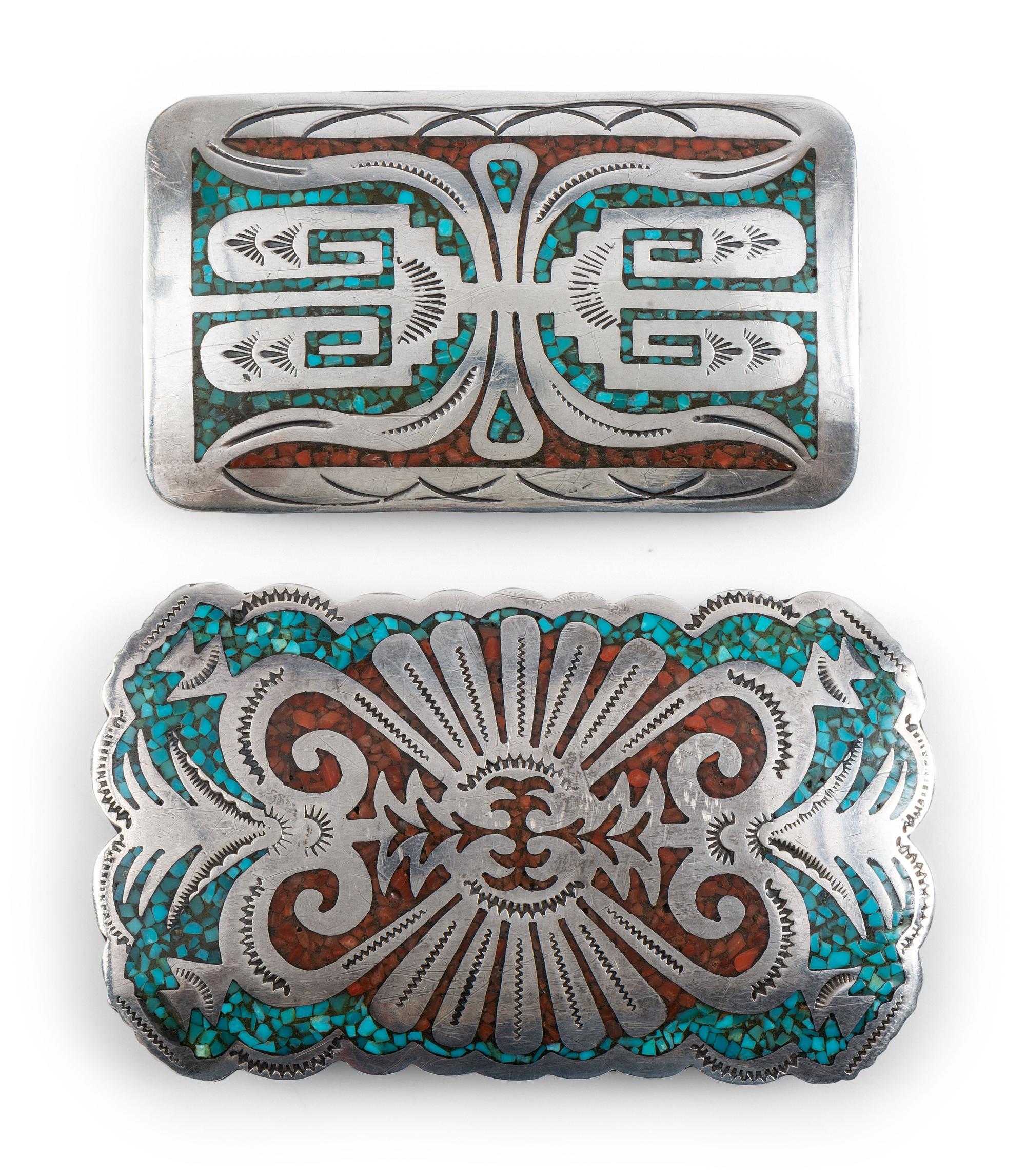 Navajo Silver Belt Buckles, with Coral and Turquoise Chip Inlay Designs
