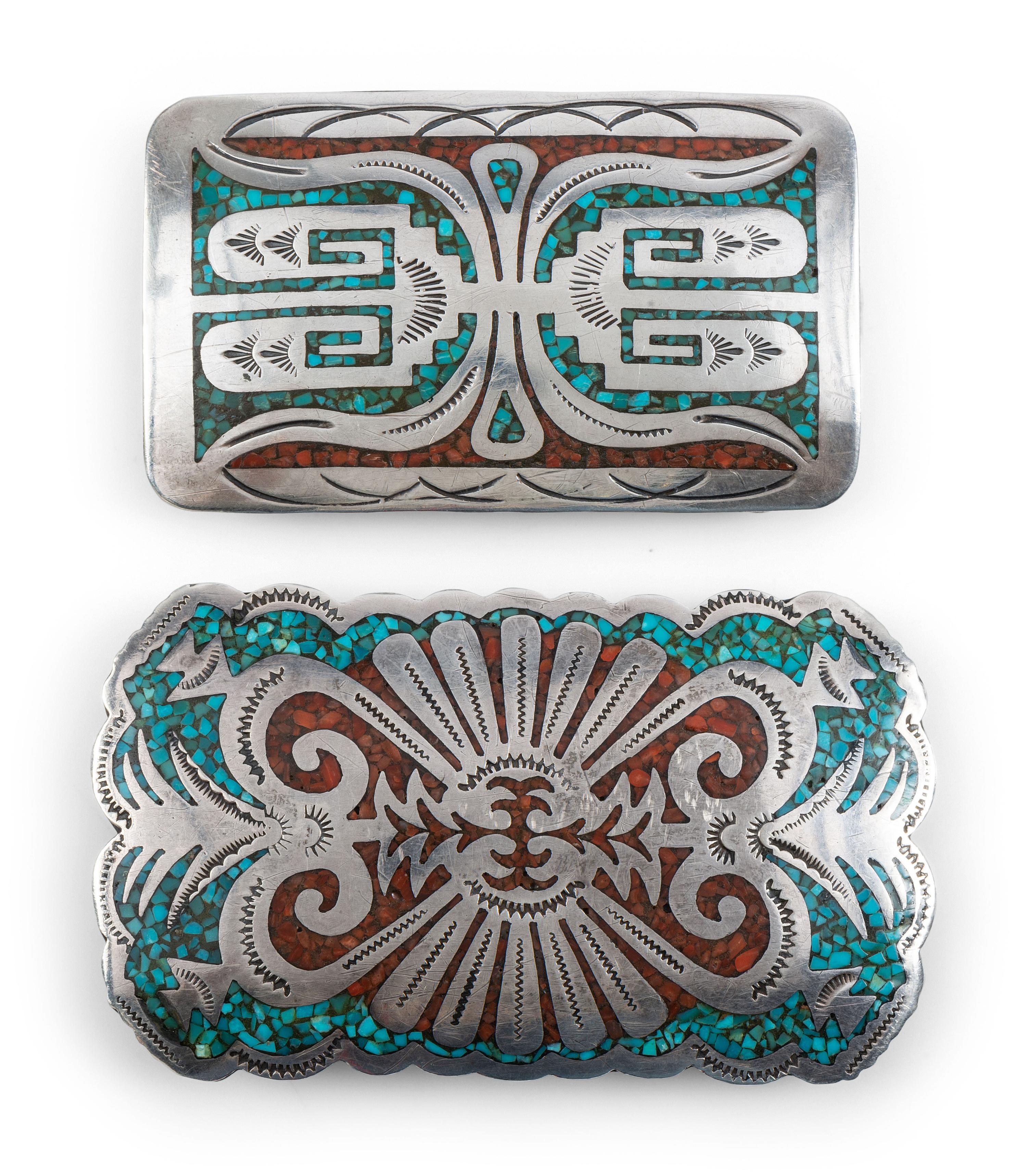 Navajo Silver Belt Buckles, with Coral and Turquoise Chip Inlay Designs