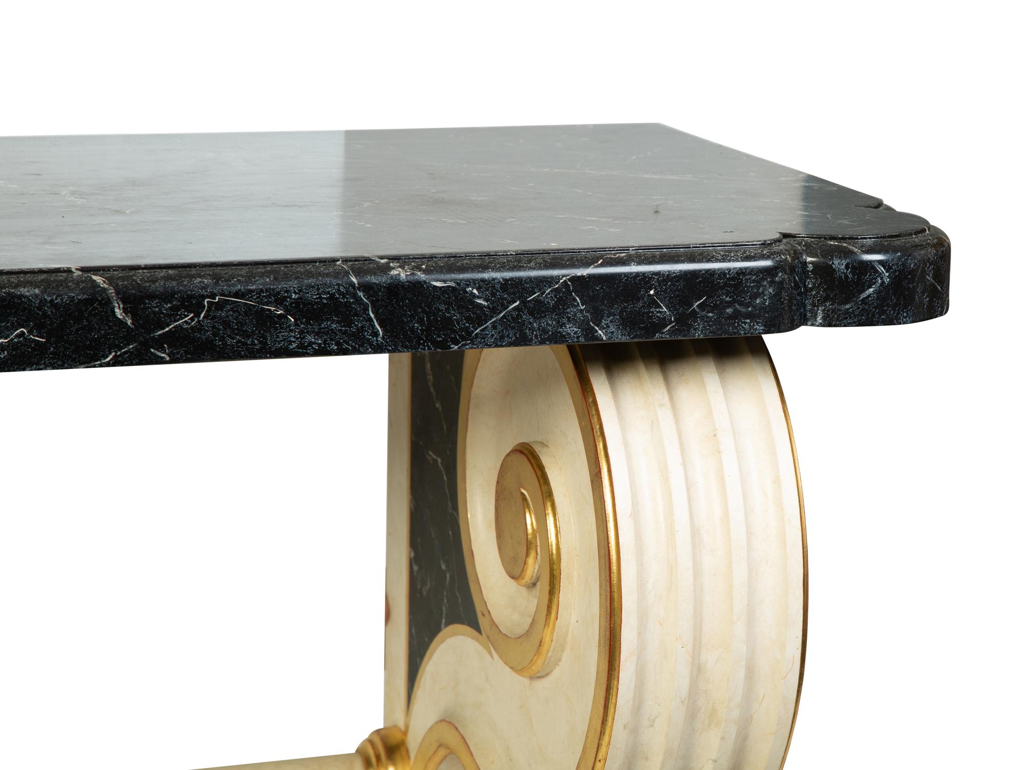 A Pair of Neoclassical Style Painted and Parcel Gilt Faux-Marble Consoles — 20TH CENTURY
