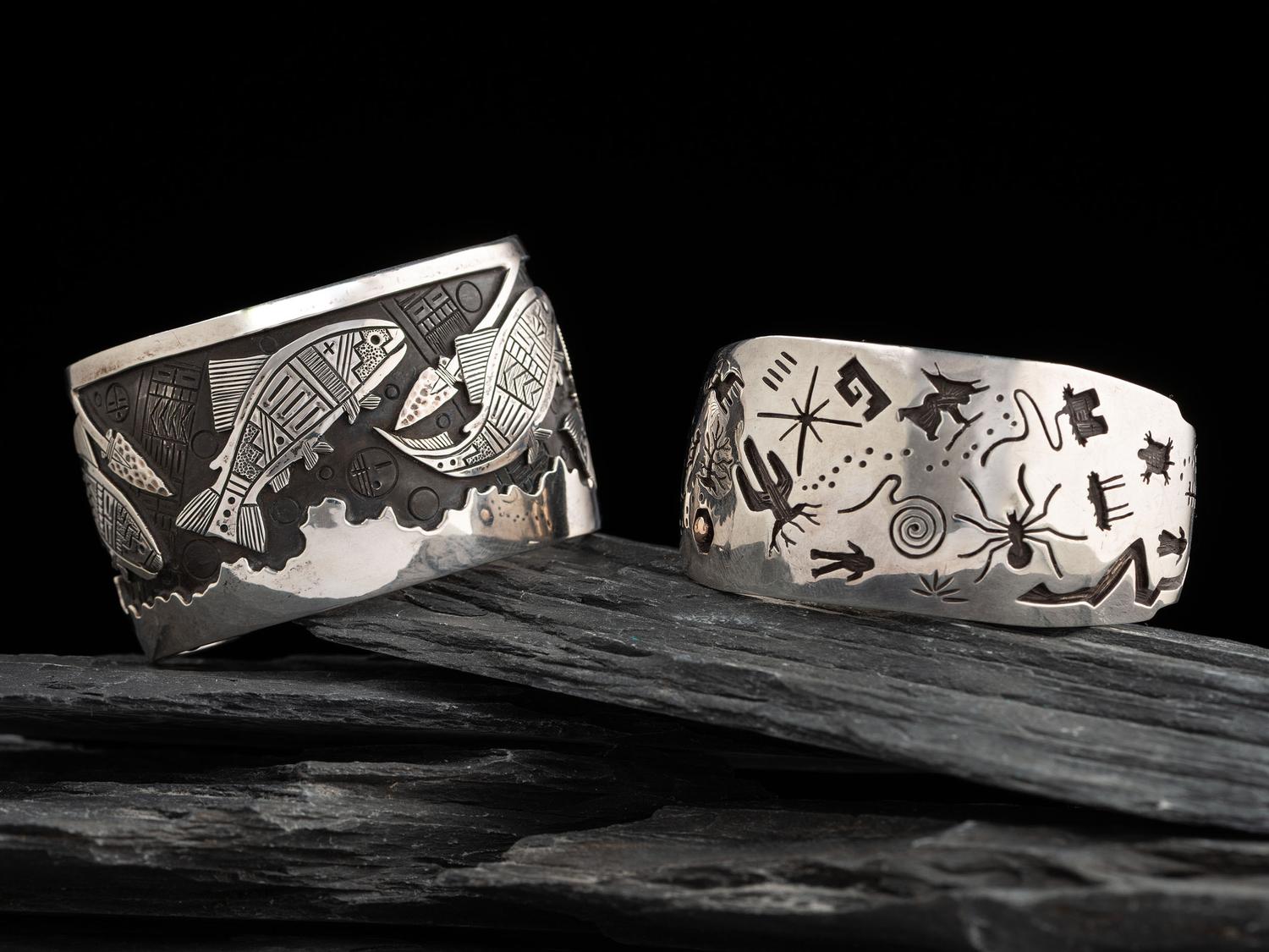 Kewa and Tohono O'odham-Akmel O'odham Sterling Silver Overlay Cuff Bracelets