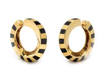 TIFFANY & CO., YELLOW GOLD AND ONYX HOOP EARRINGS