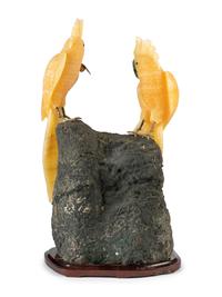 A Large Amethyst Geode with Carved Hardstone Parrots