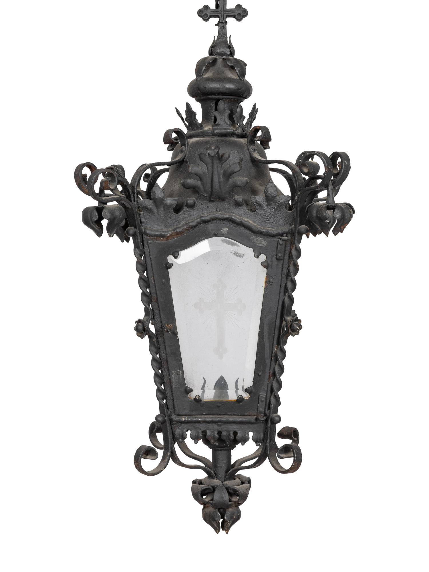 A Spanish Wrought Iron Lantern on Carved Marble Pedestal