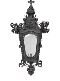 A Spanish Wrought Iron Lantern on Carved Marble Pedestal