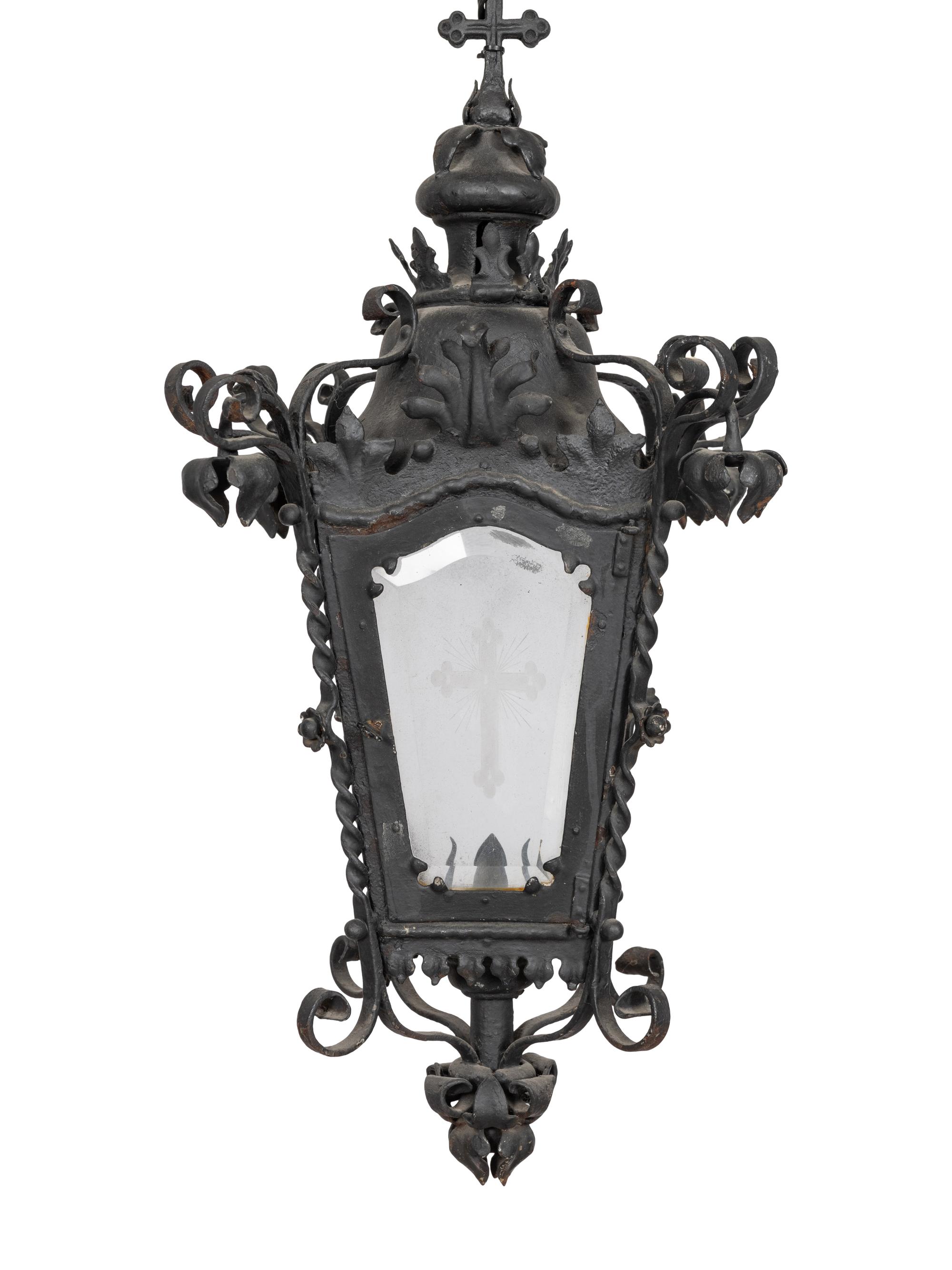 A Spanish Wrought Iron Lantern on Carved Marble Pedestal