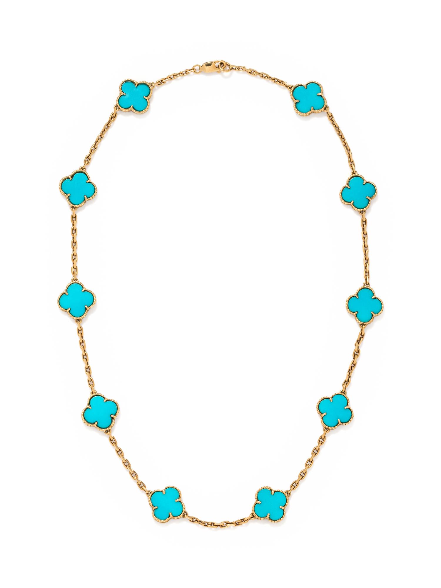 VAN CLEEF & ARPELS, YELLOW GOLD AND TURQUOISE 'ALHAMBRA' NECKLACE