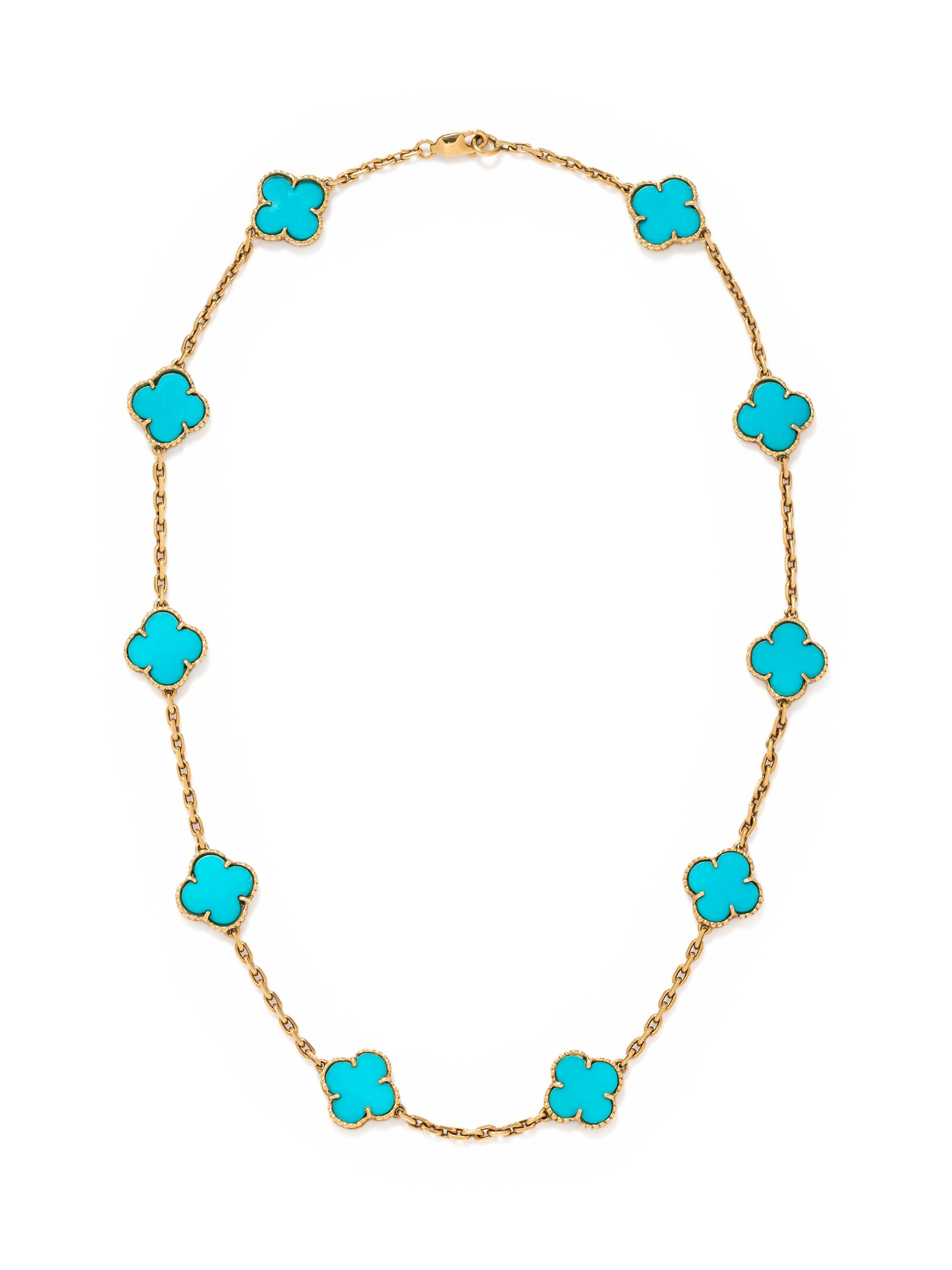 VAN CLEEF & ARPELS, YELLOW GOLD AND TURQUOISE 'ALHAMBRA' NECKLACE