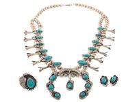 Navajo and Southwestern-Style Silver an Turquoise Squash Blossom Necklace, Ring, AND Earrings