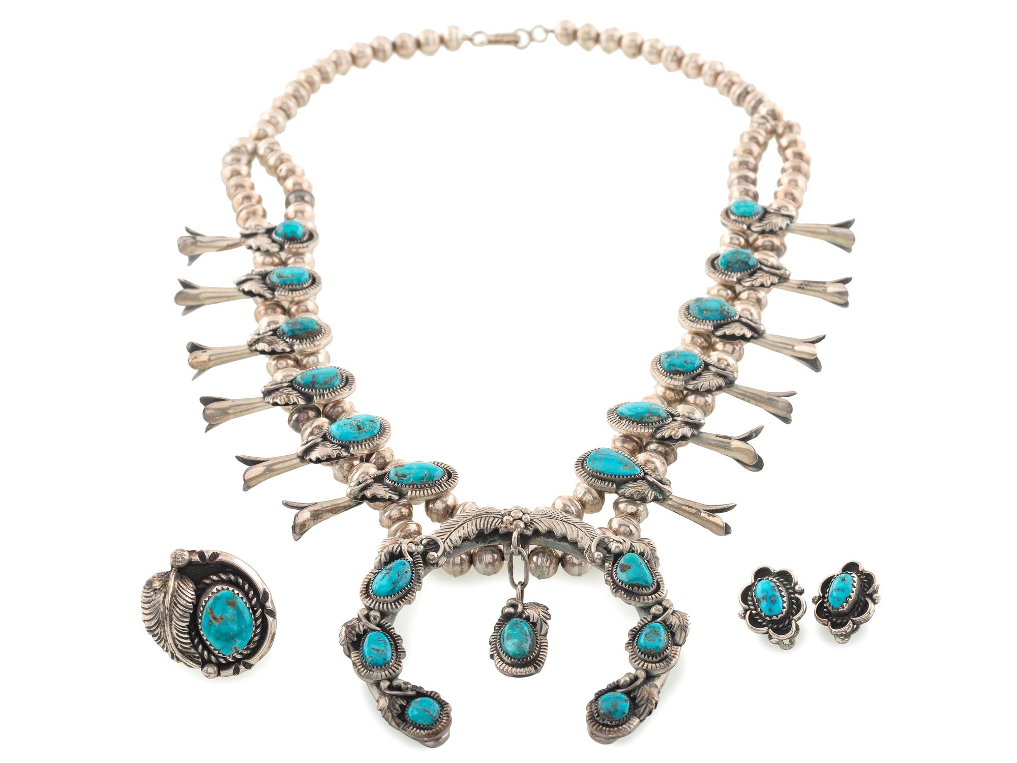 Navajo and Southwestern-Style Silver an Turquoise Squash Blossom Necklace, Ring, AND Earrings