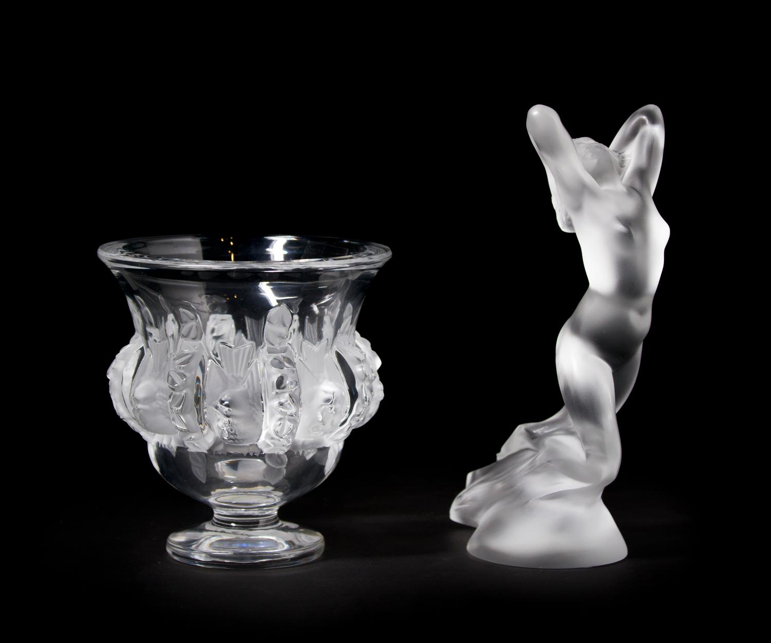 Two Lalique Molded and Frosted Glass Articles, Height of taller 7 inches.