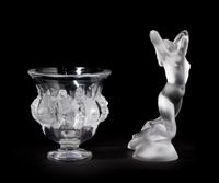 Two Lalique Molded and Frosted Glass Articles, Height of taller 7 inches.