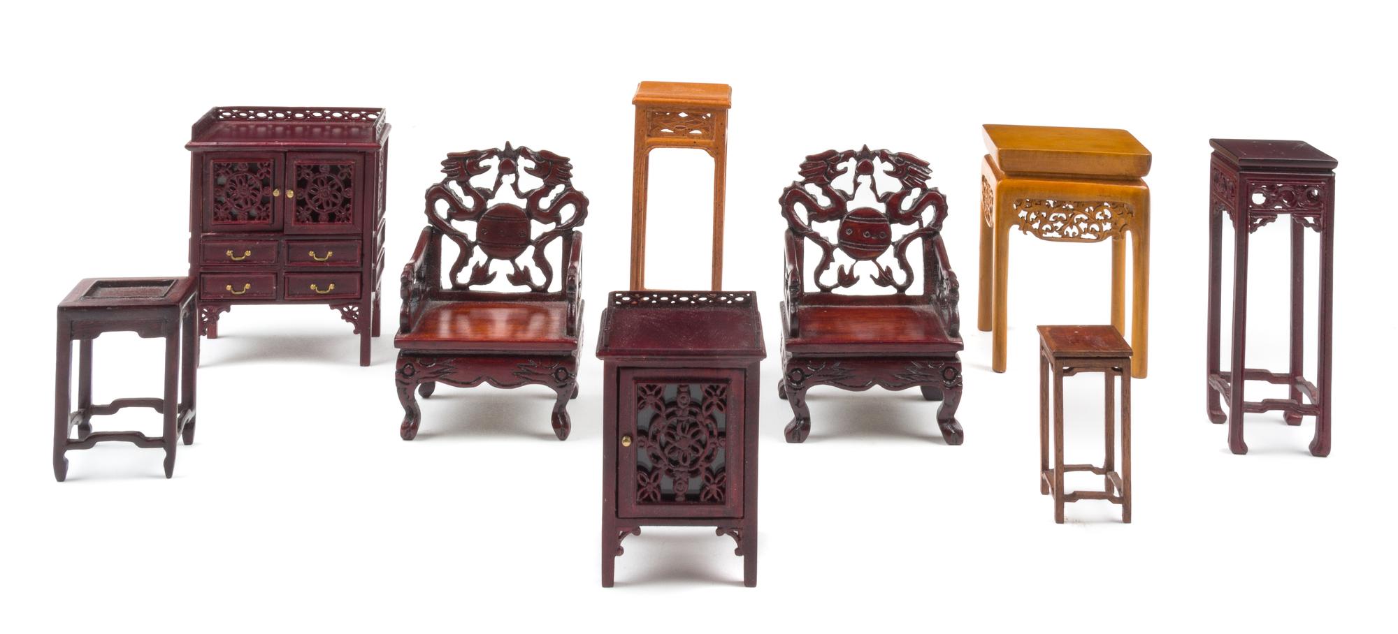 A Group of Nine Chinese Style Carved Furniture Articles — Various Makers