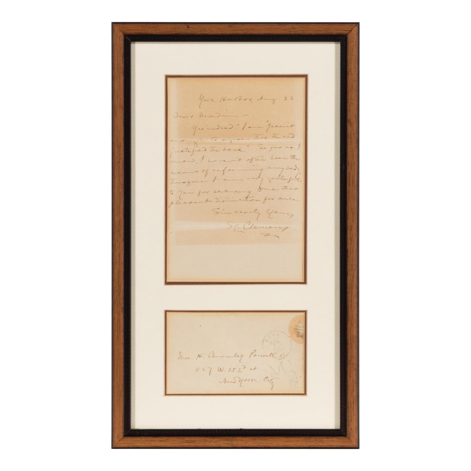 Clemens, Samuel L. ("Mark Twain") (1835-1910). Autograph letter signed ("S.L. Clemens") to Hardinia Burnley Powell, York Harbor, 22 August 1902.