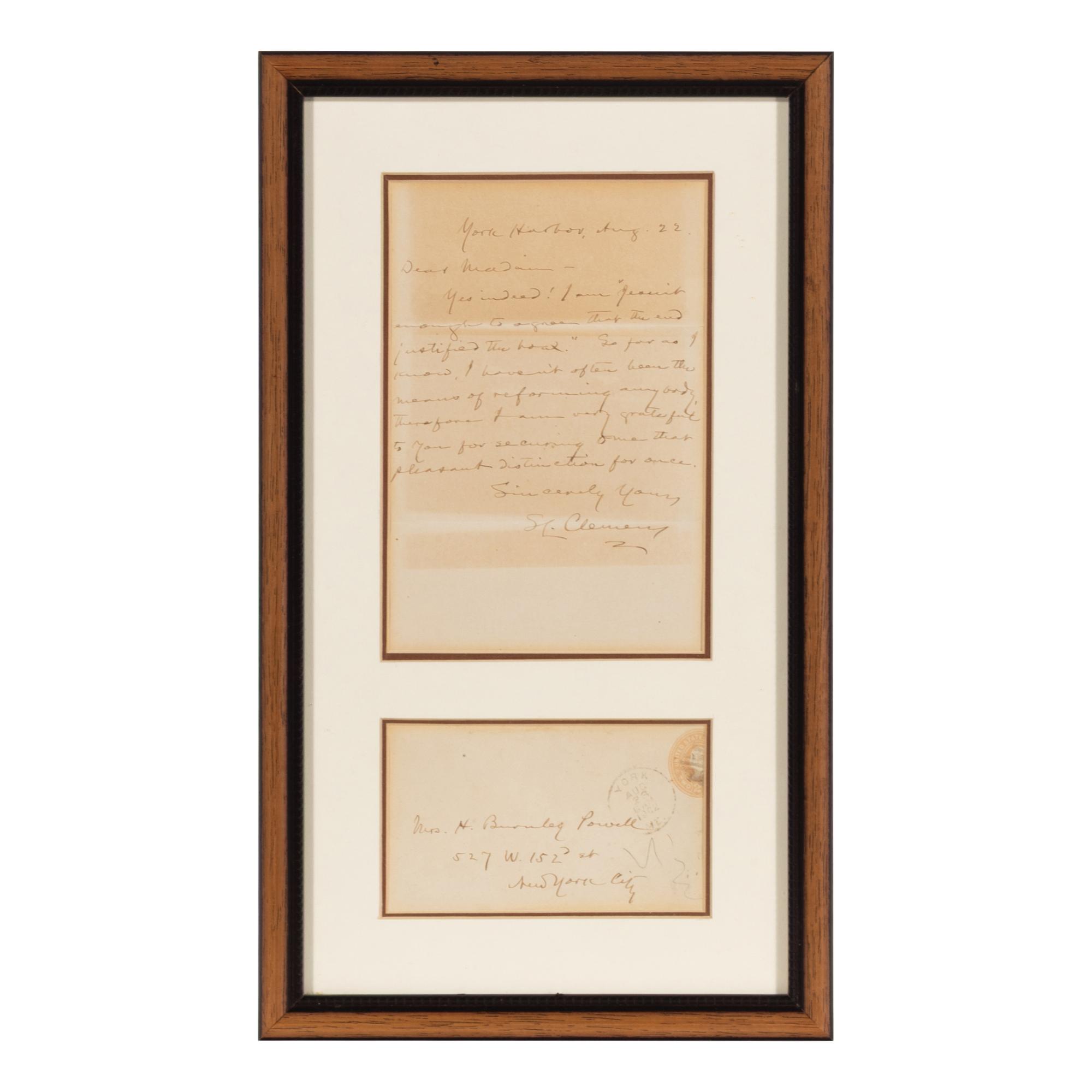 Clemens, Samuel L. ("Mark Twain") (1835-1910). Autograph letter signed ("S.L. Clemens") to Hardinia Burnley Powell, York Harbor, 22 August 1902.