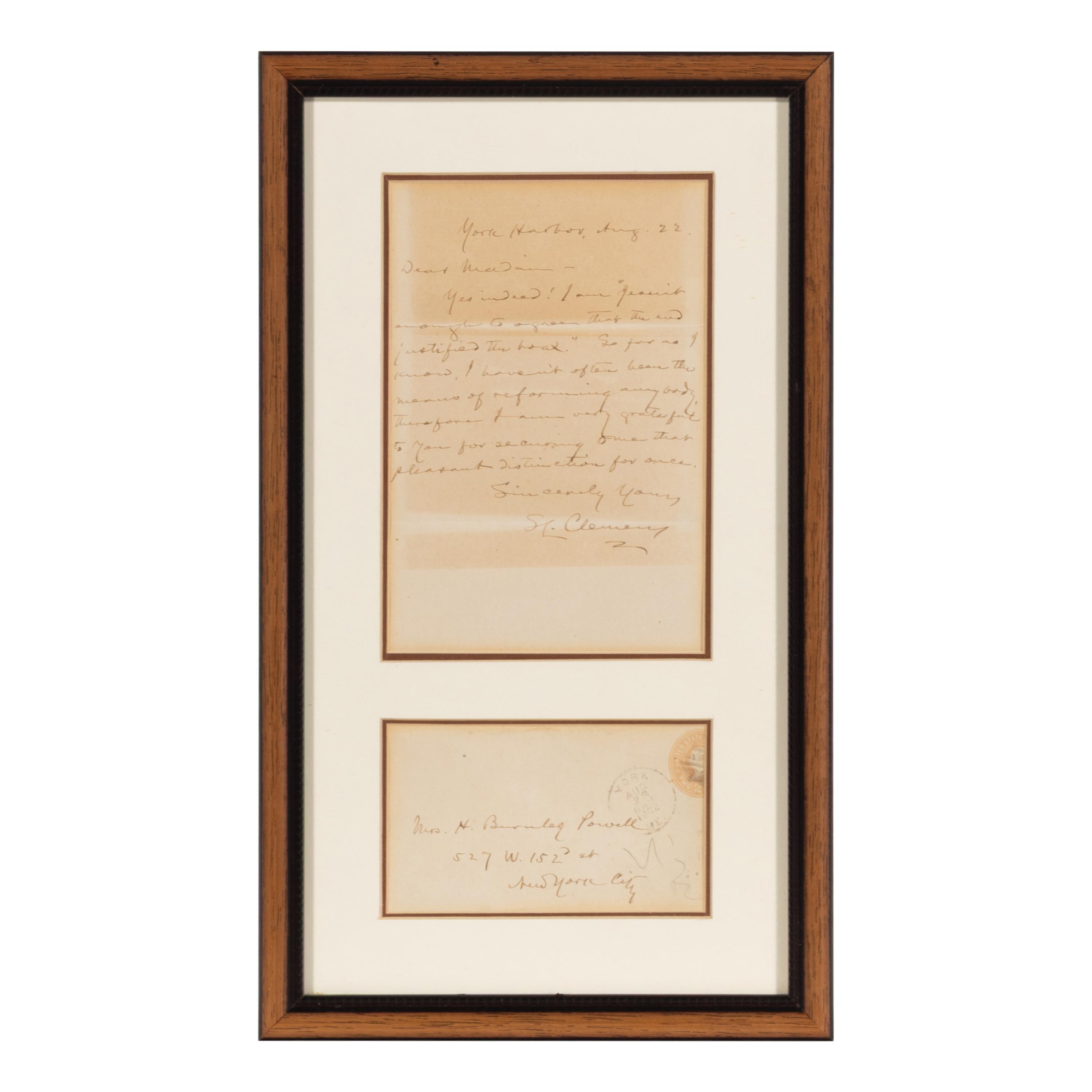 Clemens, Samuel L. ("Mark Twain") (1835-1910). Autograph letter signed ("S.L. Clemens") to Hardinia Burnley Powell, York Harbor, 22 August 1902.
