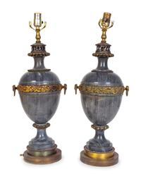 A Pair of Gilt Metal Mounted Grey Marble Urns — 20TH CENTURY