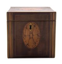 A George III Marquetry Decorated Tea Caddy, Height 4 1/2 x width 4 1/2 x depth 4 inches.