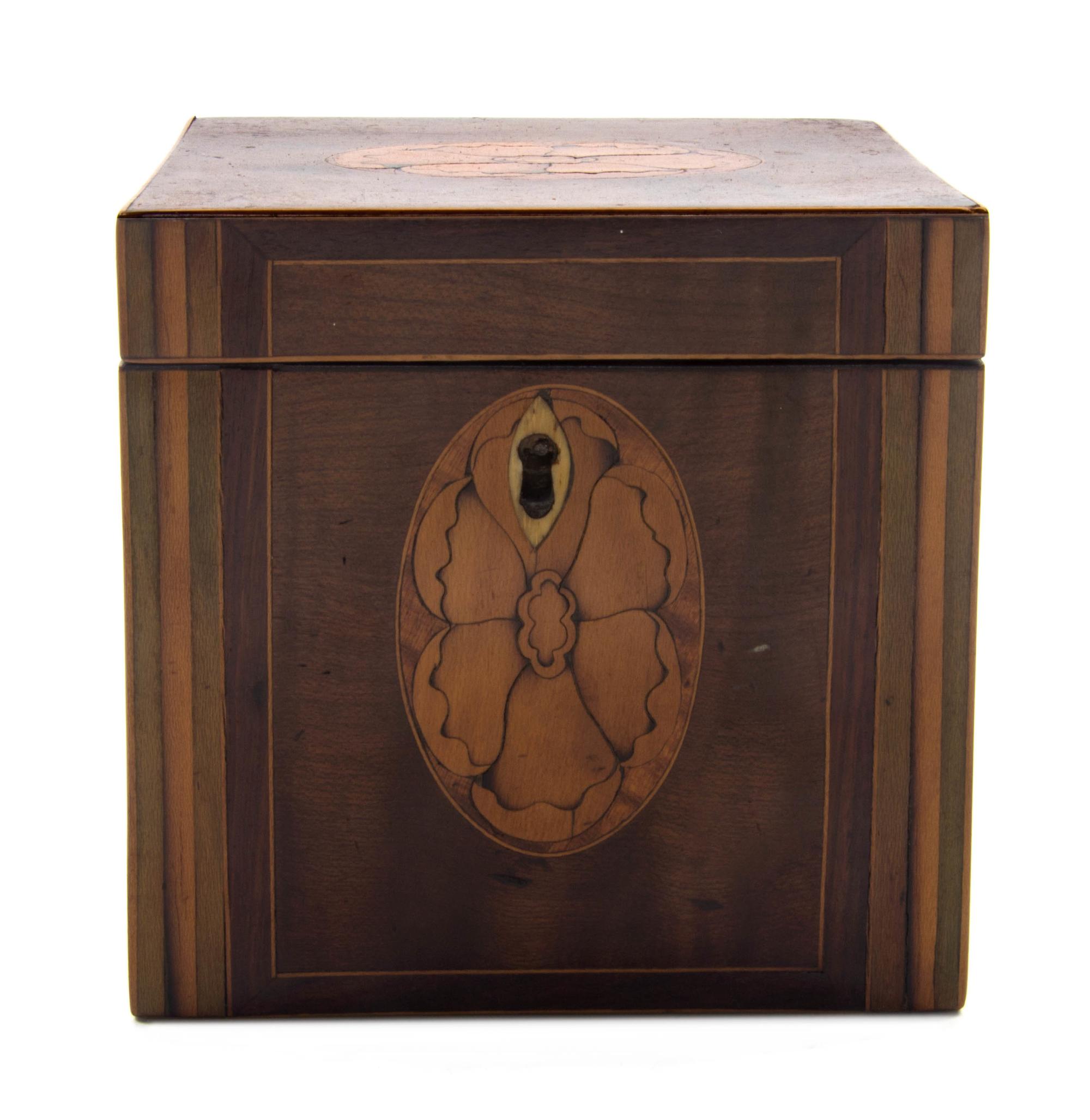 A George III Marquetry Decorated Tea Caddy, Height 4 1/2 x width 4 1/2 x depth 4 inches.