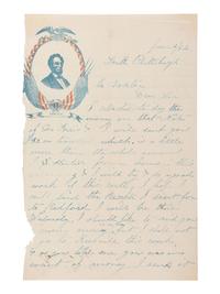 [LINCOLNIANA]. Illustrated lettersheet featuring red and blue patriotic image of Lincoln.