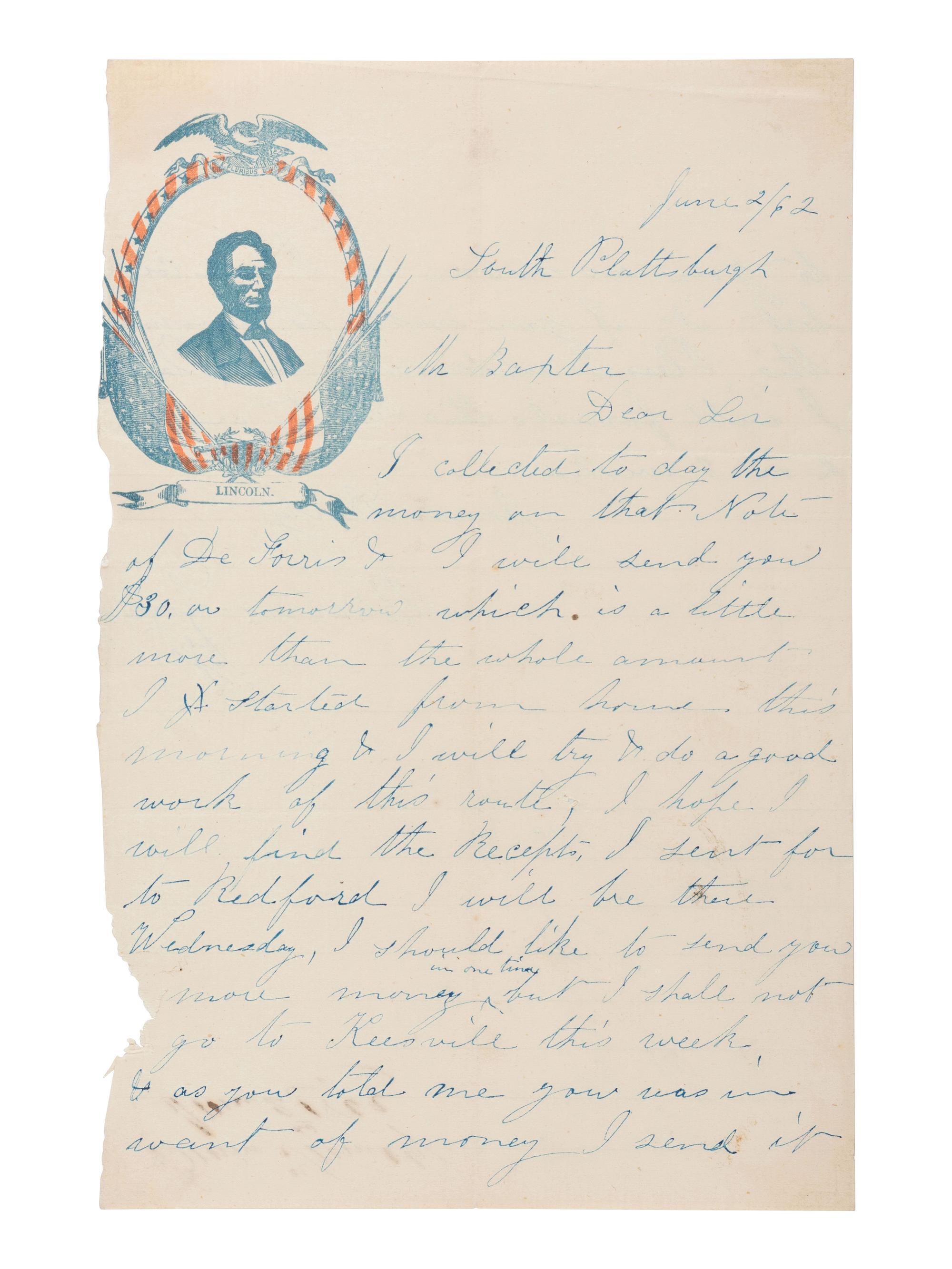 [LINCOLNIANA]. Illustrated lettersheet featuring red and blue patriotic image of Lincoln.