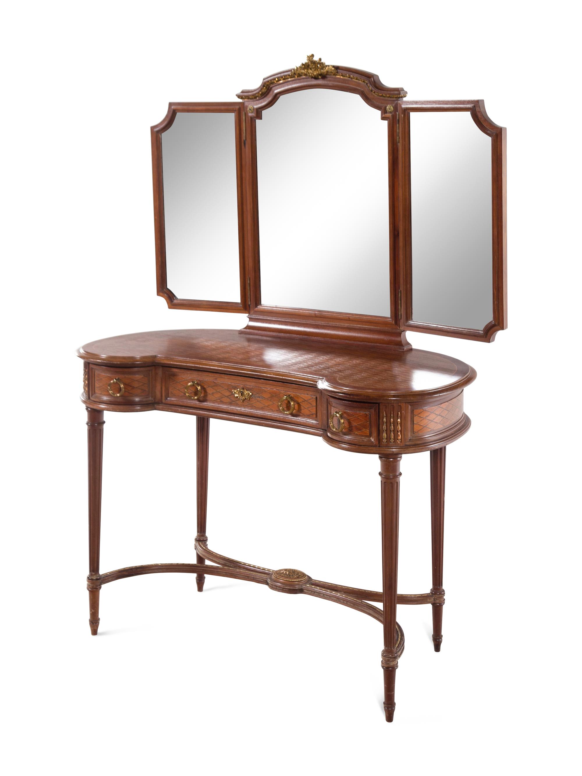 A Louis XVI Style Gilt Bronze Mounted Parquetry Decorated Dressing Table
