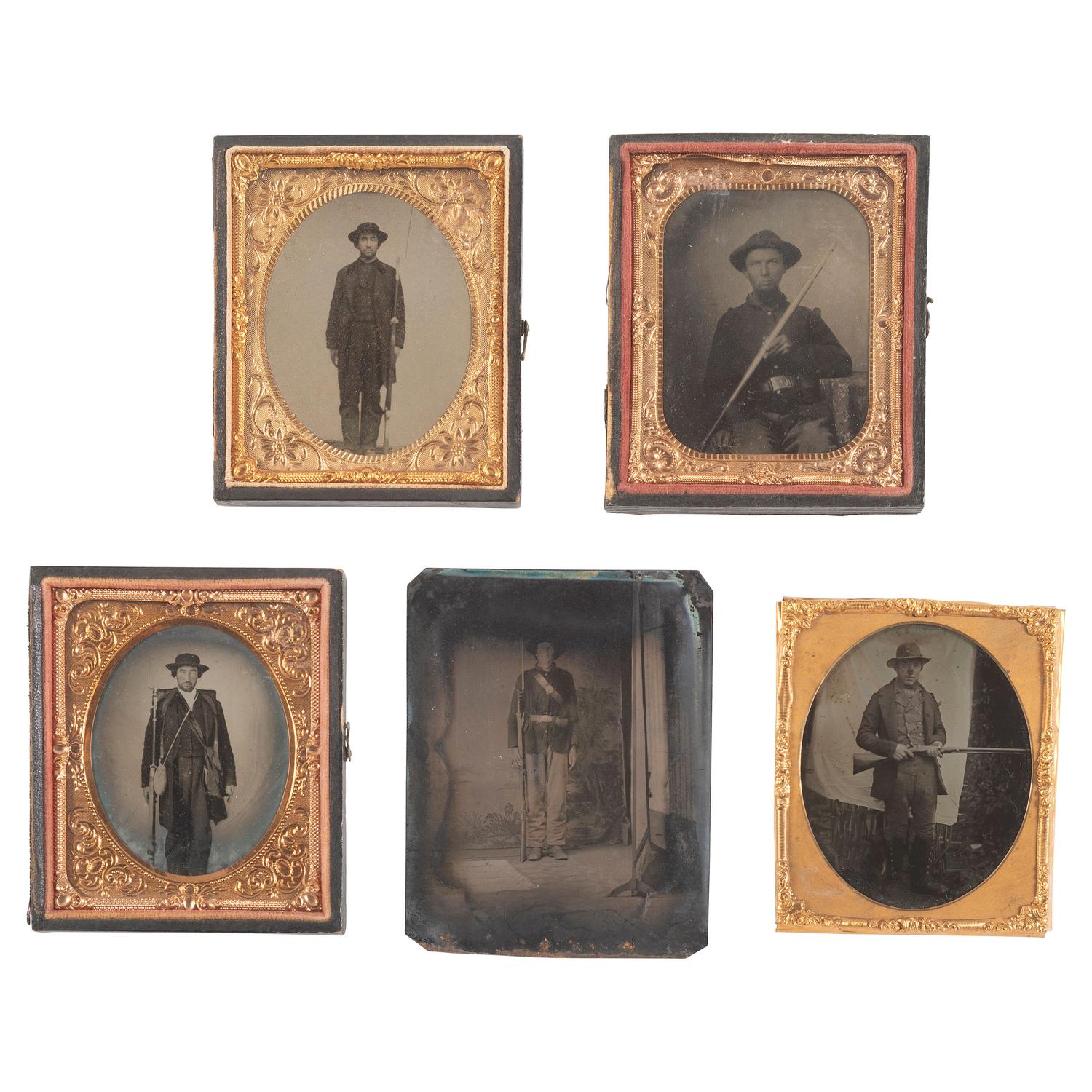 [Civil War] Group of Five Ambrotypes and Tintypes of Soldiers Armed with Muskets or Rifles.